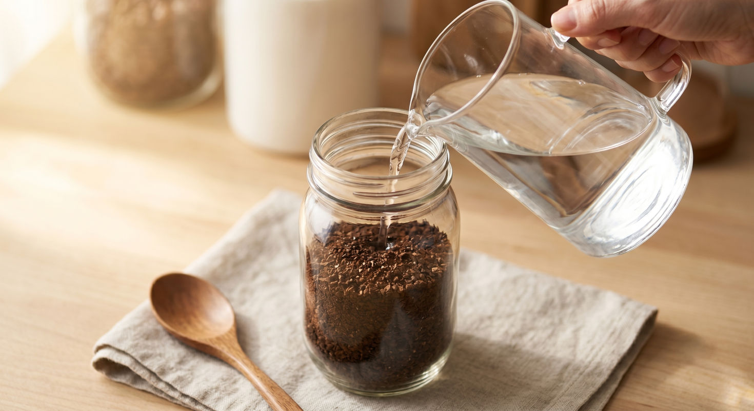 کلد برو (Cold Brew) چیست؟ + طرز تهیه قهوه سرد دم در خانه 3 ریختن آب روی قهوه در شیشه خانگی