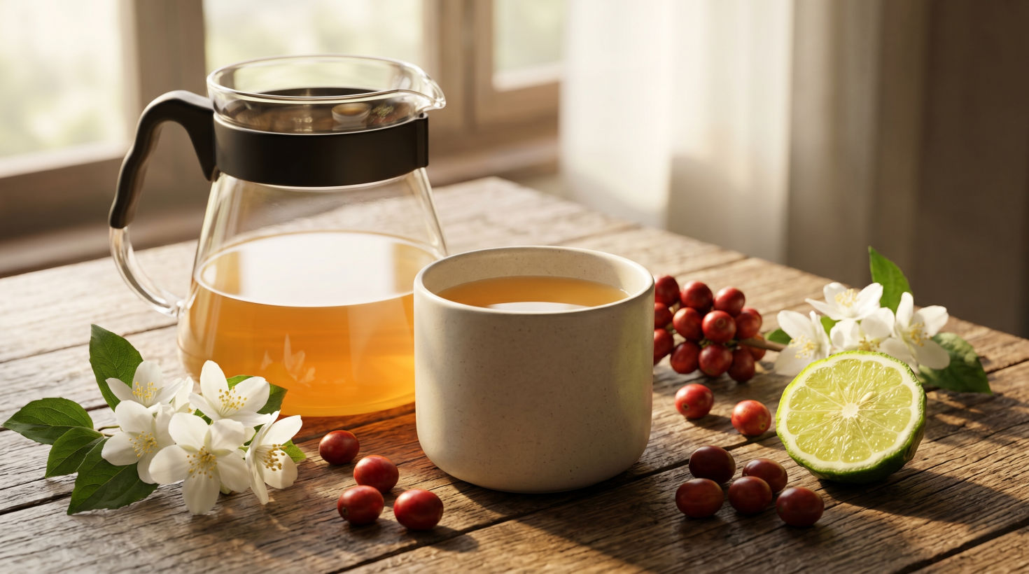 فنجان قهوه روشن روی میز چوبی.