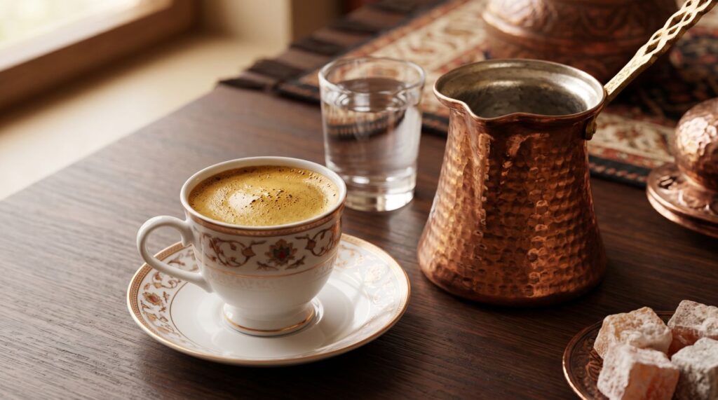 سرو سنتی قهوه ترک با جذوه و شیرینی