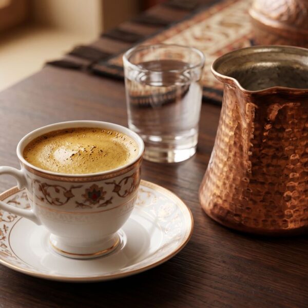 سرو سنتی قهوه ترک با جذوه و شیرینی