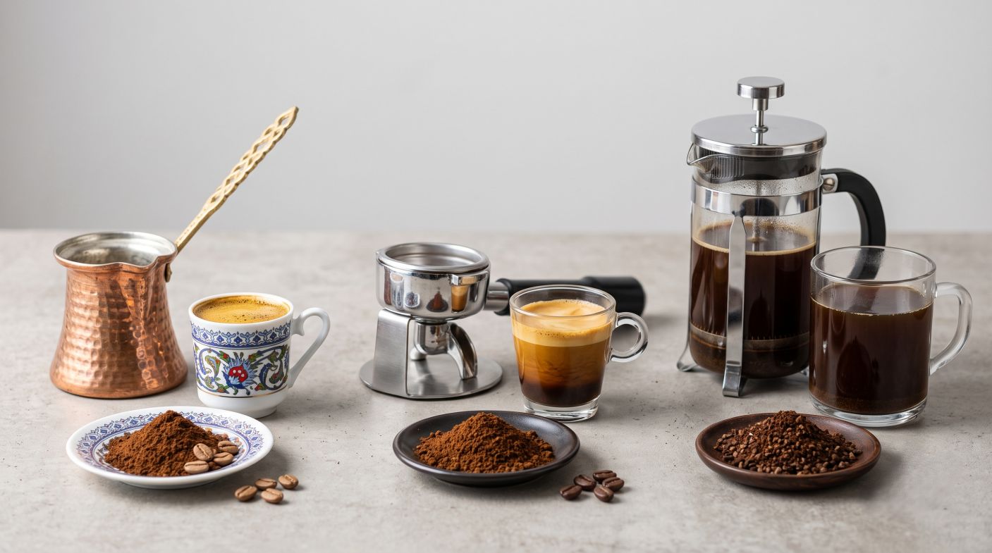 قهوه ترک چیست؟ تعریف، تاریخچه و آنچه باید بدانید 7 مقایسه قهوه ترک، اسپرسو و فرنچپرس