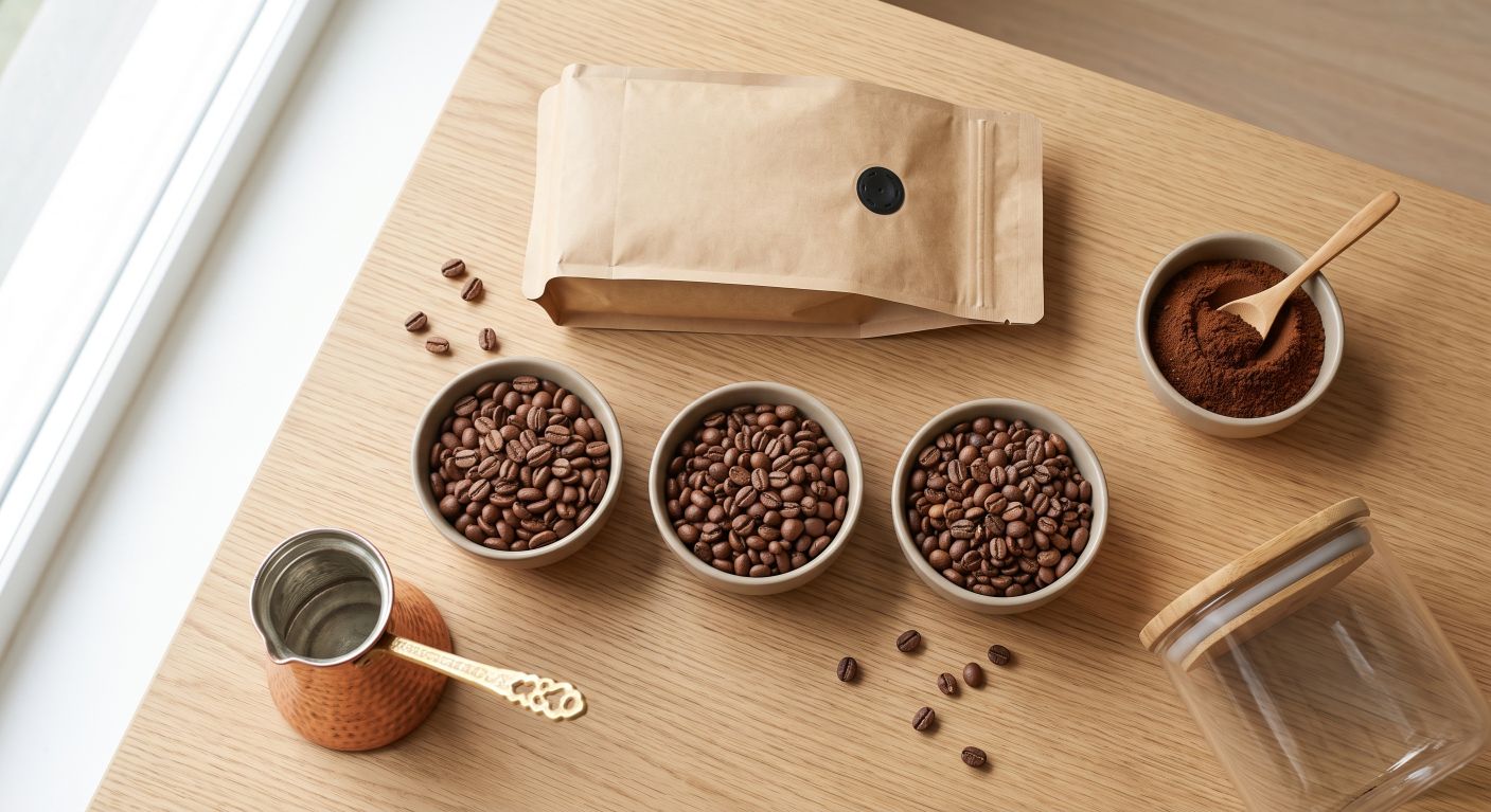 قهوه ترک چیست؟ تعریف، تاریخچه و آنچه باید بدانید 4 دانههای عربیکا، روبوستا و پودر قهوه ترک