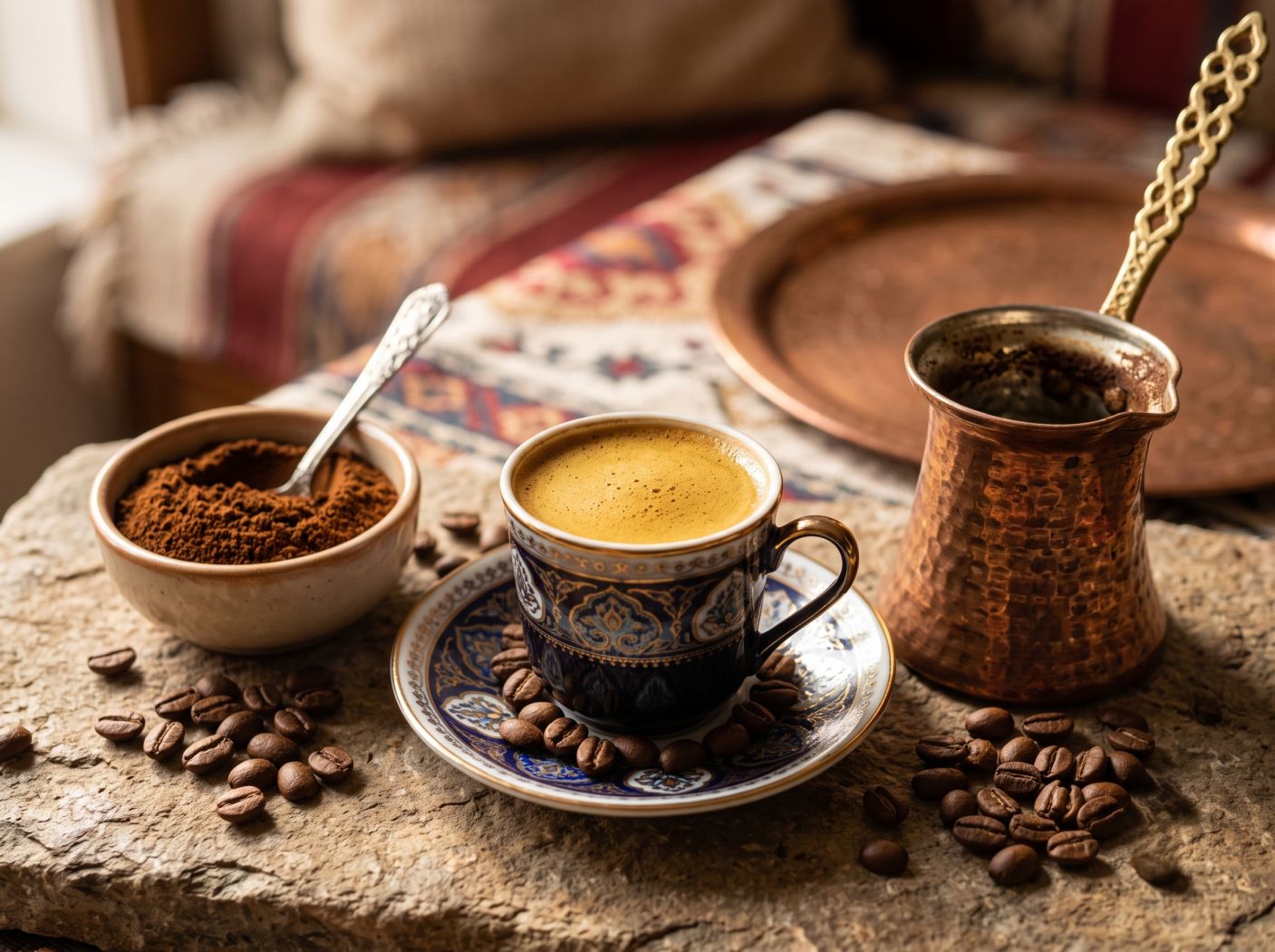 قهوه ترک چیست؟ تعریف، تاریخچه و آنچه باید بدانید 3 فنجان قهوه ترک، پودر آسیاب شده و جذوه