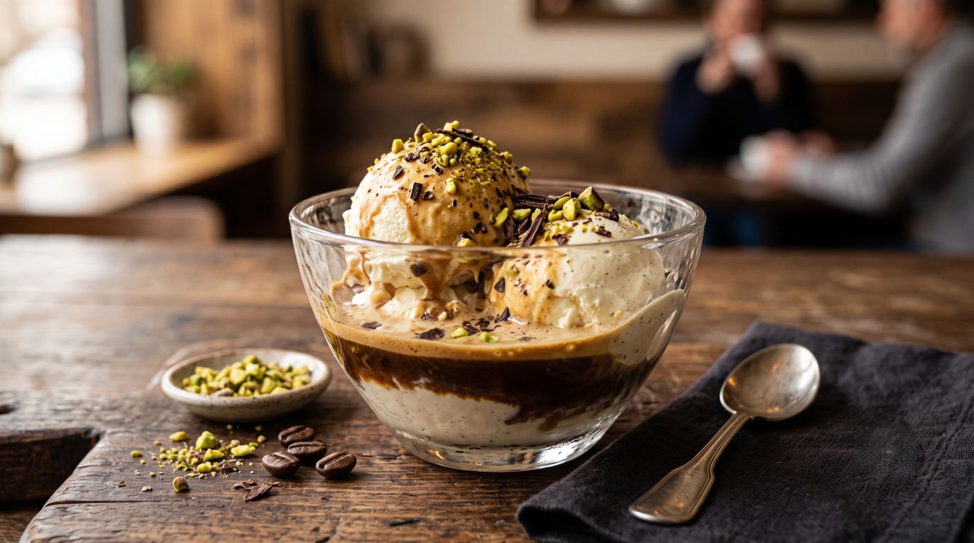 طرز تهیهٔ اصولی افوگاتو راهنمای قدم به قدم برای نتیجهٔ بینقص 5 افوگاتو با پسته و شکلات تلخ